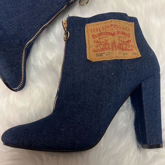 Repurposed LEVI Block Heel Denim Booties 8.5 BIN 16 - Picture 2 of 11